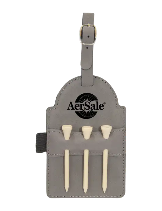 Grey Leatherette Golf Bag Tag with 3 Wooden Tees w/AerSale Logo